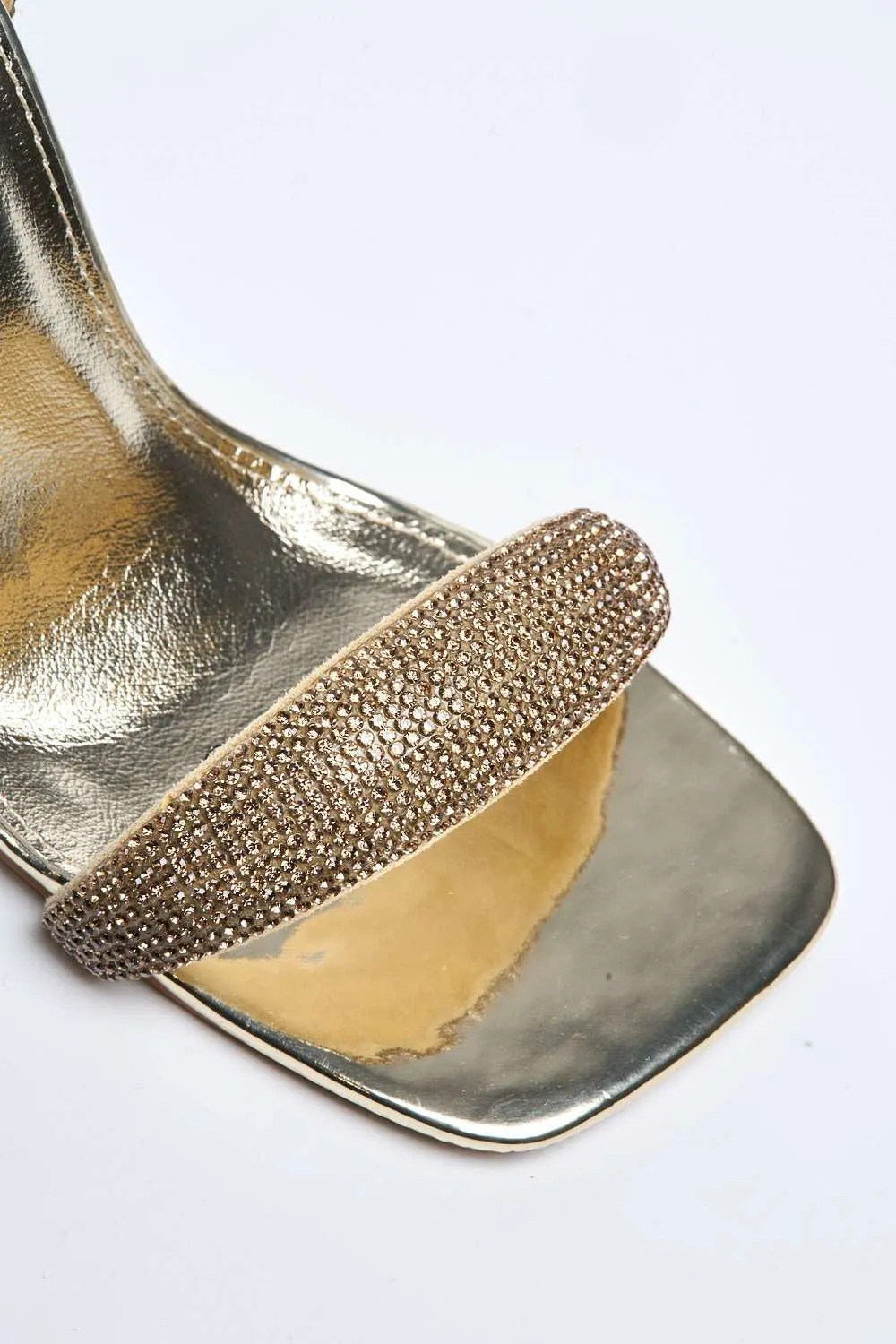 Donya Diamante Embellished Block Heel Sandals in Gold