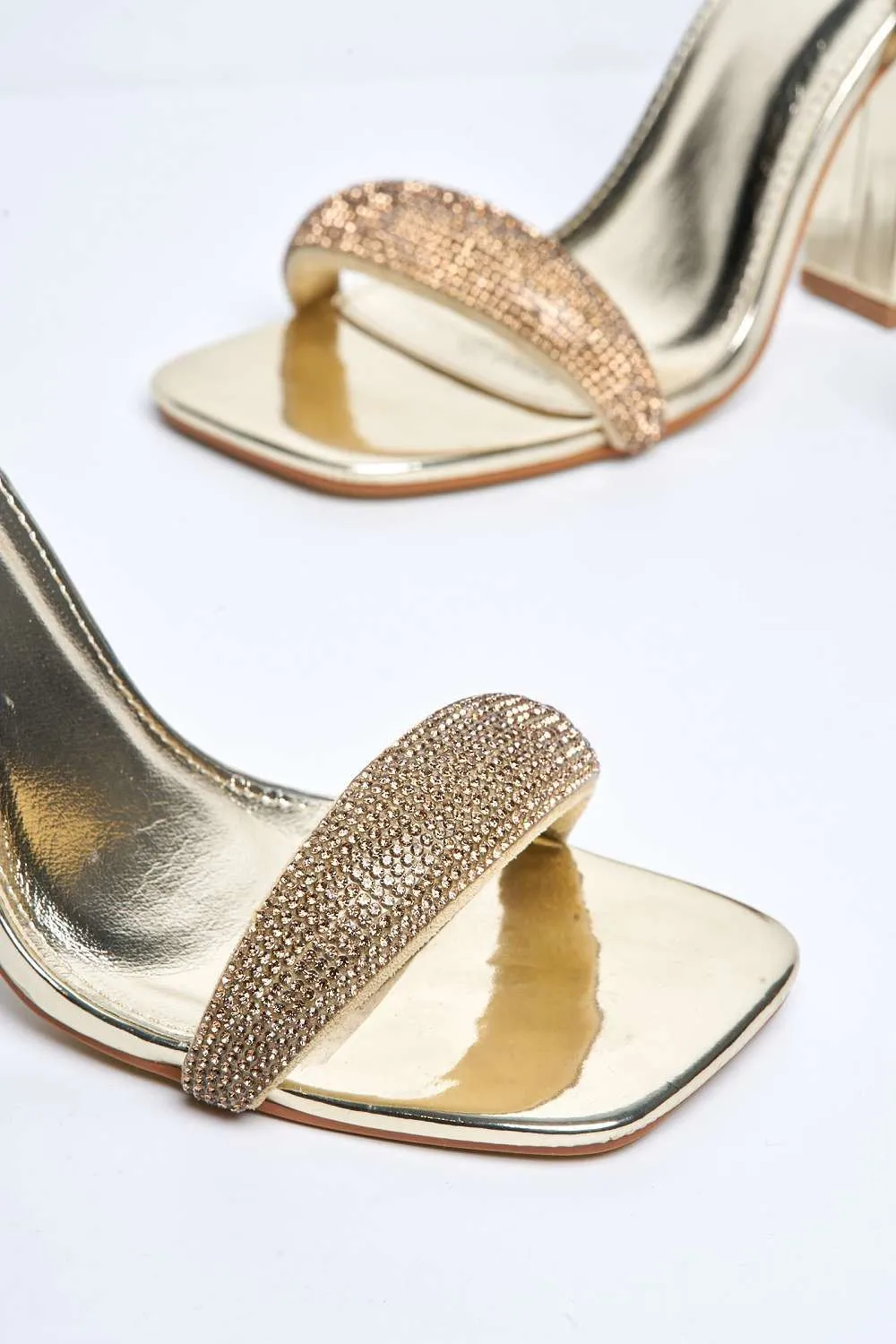 Donya Diamante Embellished Block Heel Sandals in Gold