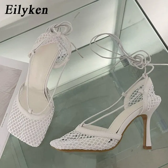 Eilyken Summer Autumn Sexy Mesh Pumps sandals Female Square Toe high heel Lace Up Cross-tied Stiletto hollow Dress Pumps shoes