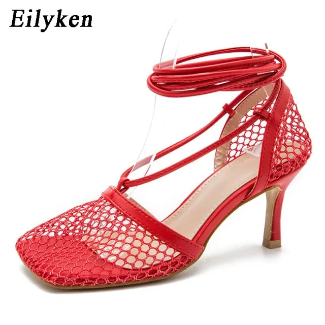 Eilyken Summer Autumn Sexy Mesh Pumps sandals Female Square Toe high heel Lace Up Cross-tied Stiletto hollow Dress Pumps shoes