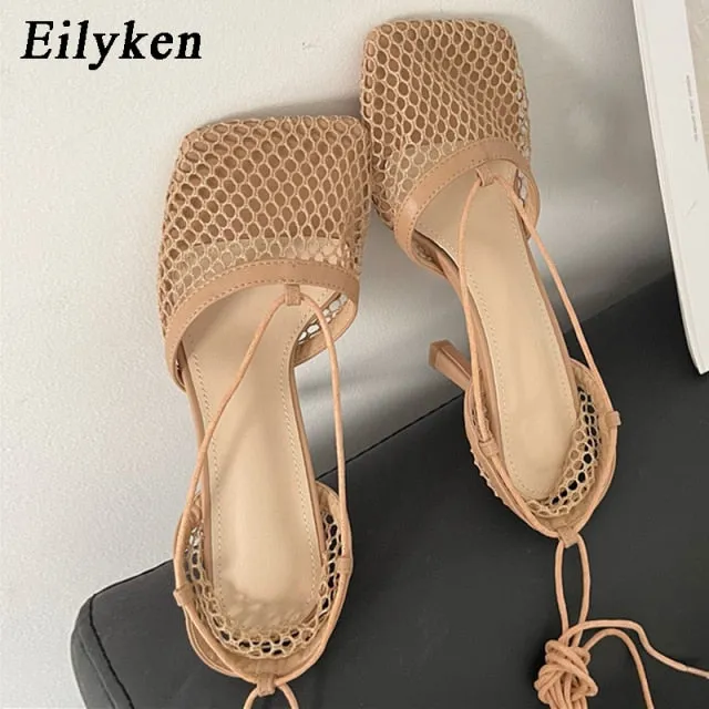 Eilyken Summer Autumn Sexy Mesh Pumps sandals Female Square Toe high heel Lace Up Cross-tied Stiletto hollow Dress Pumps shoes