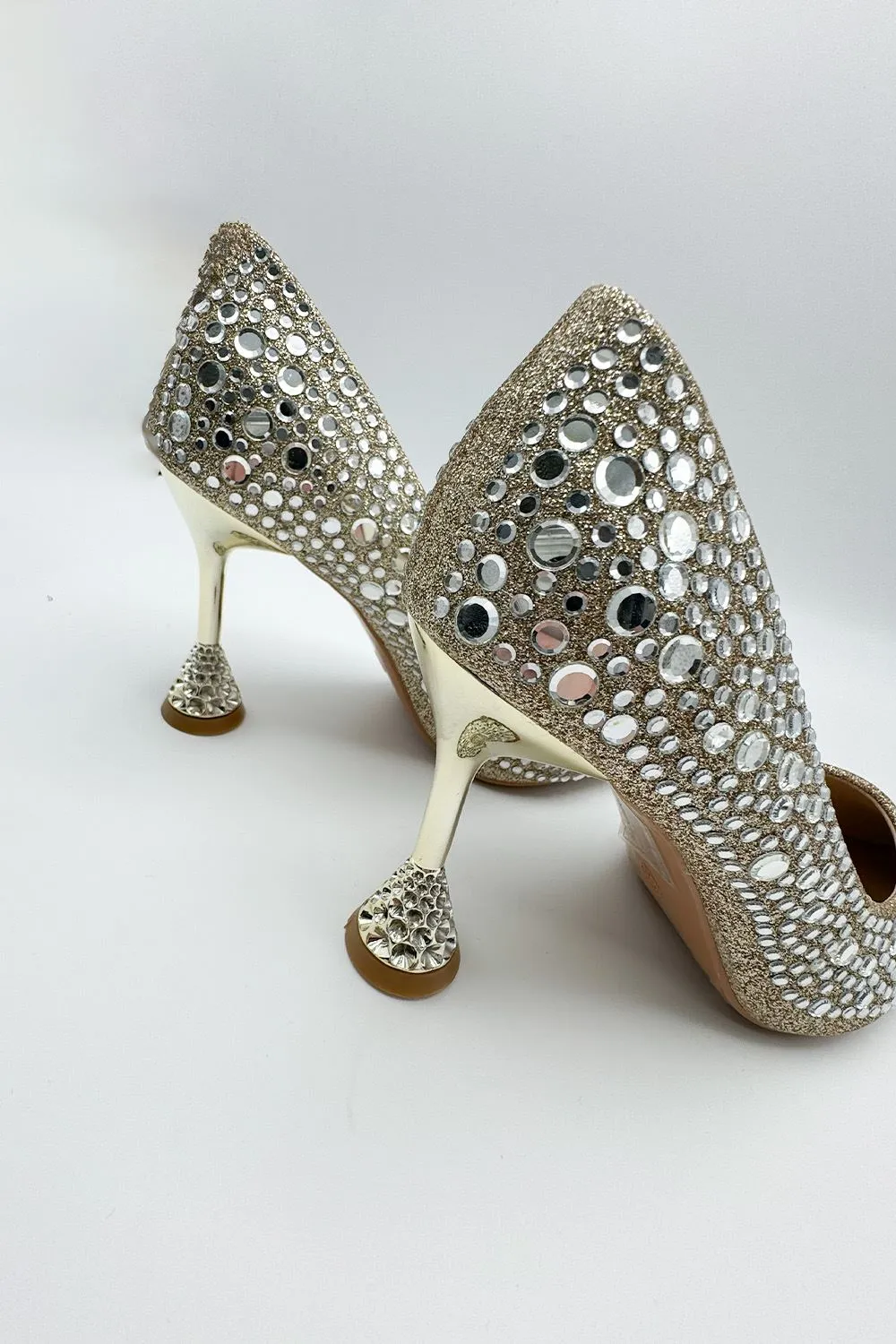 Elara Diamante Court Shoes Spool Heels in Gold