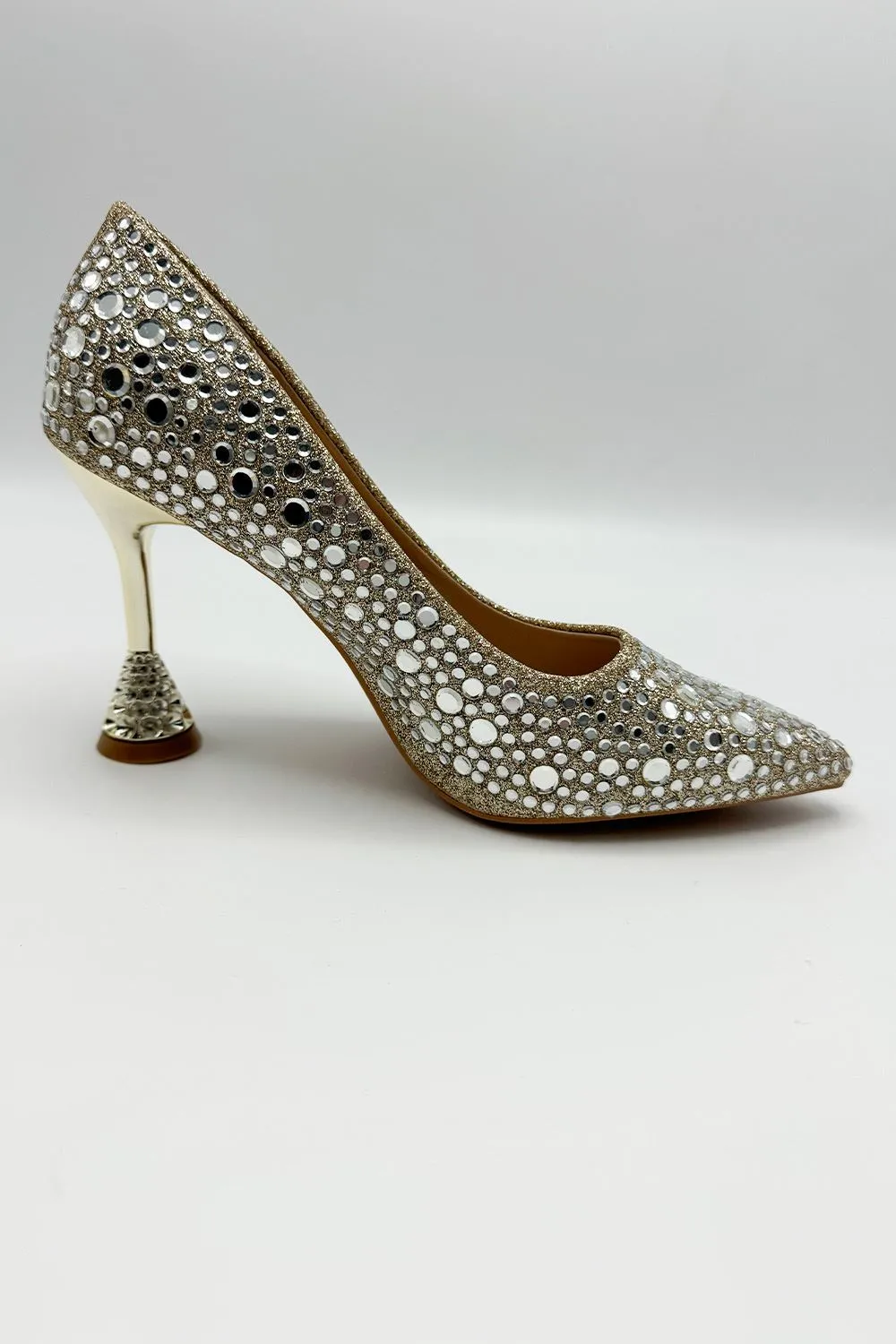 Elara Diamante Court Shoes Spool Heels in Gold