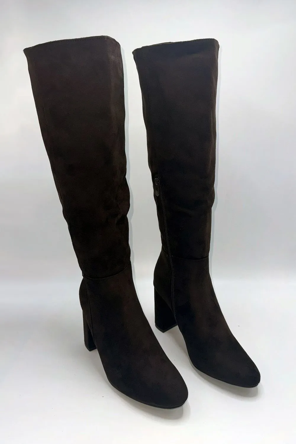 Geena Knee High Block Heel Wide Fit Boots in Chocolate