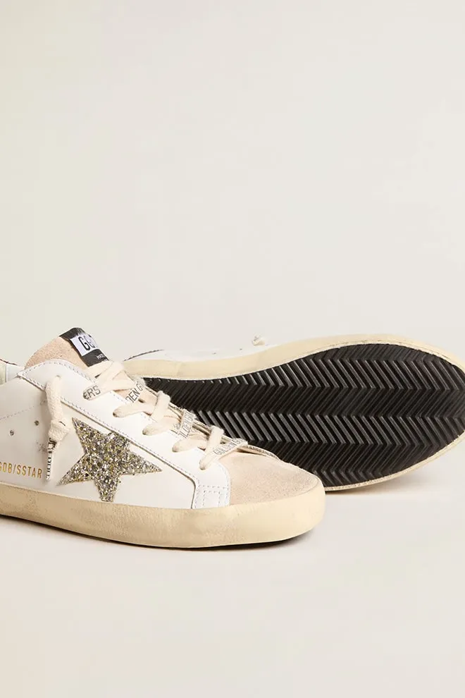 Golden Goose Super Star Sneaker White Leather With Bordeaux Glitter Trims