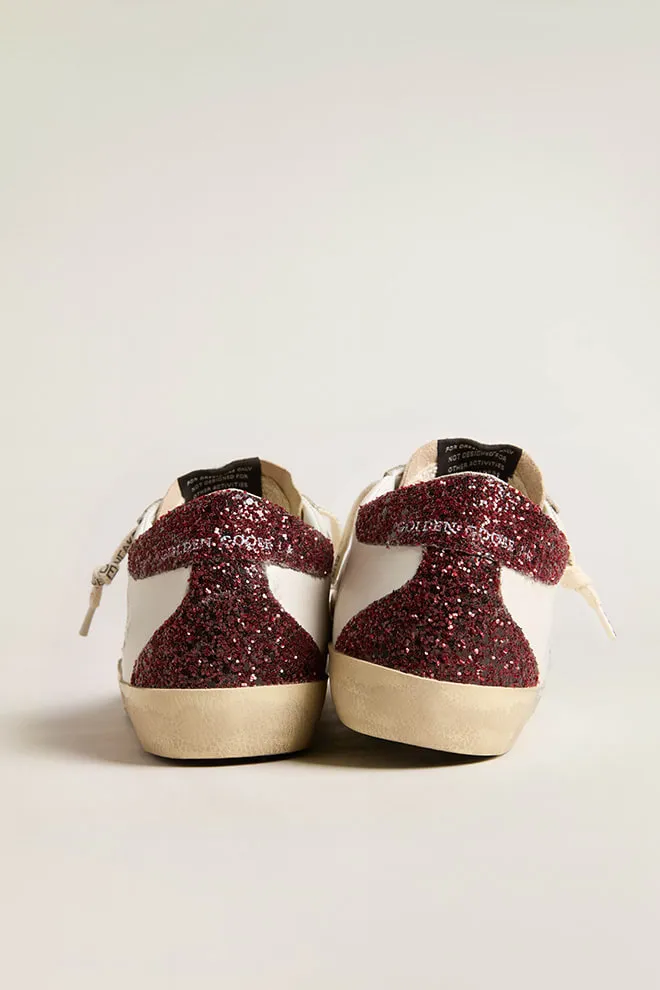 Golden Goose Super Star Sneaker White Leather With Bordeaux Glitter Trims