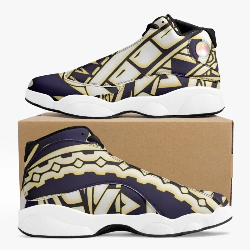 High-Top Leather Basketball Sneakers - Black - Polynesian Graphic style