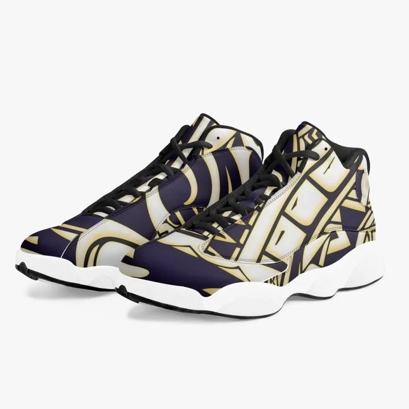 High-Top Leather Basketball Sneakers - Black - Polynesian Graphic style