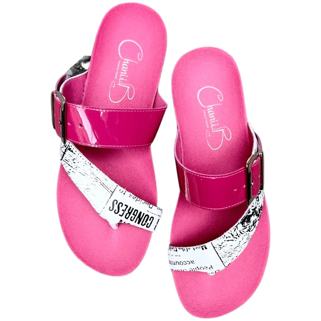 Je Suis-White Newspaper-Fuchsia- flat cork sandal