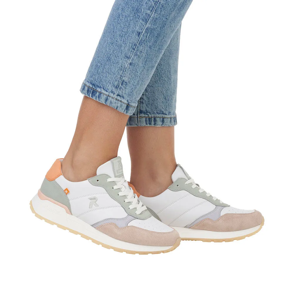 Ladies Rieker Evolution Lace Up Trainers Sneakers White/Taupe/Green W0608-80 sale