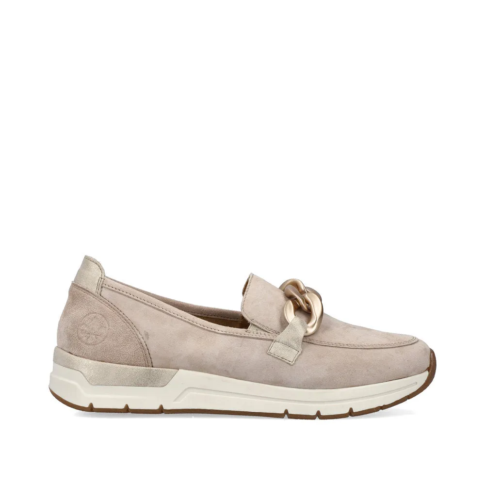 Ladies Rieker Slip On Shoes Rose Gold Buckle Detail Cream Suede 58944-60 sale