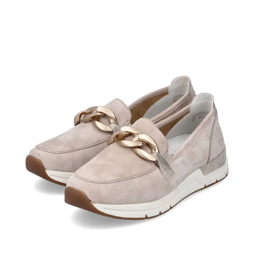 Ladies Rieker Slip On Shoes Rose Gold Buckle Detail Cream Suede 58944-60 sale