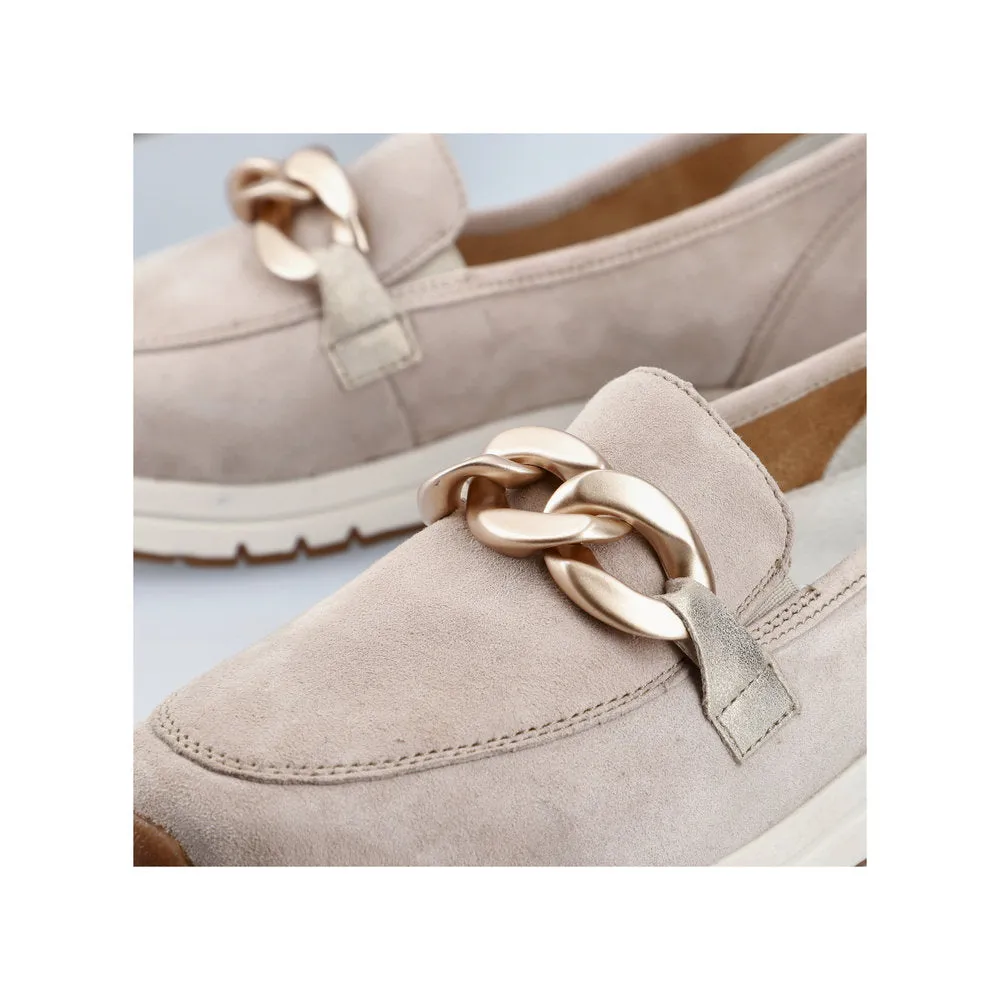 Ladies Rieker Slip On Shoes Rose Gold Buckle Detail Cream Suede 58944-60 sale