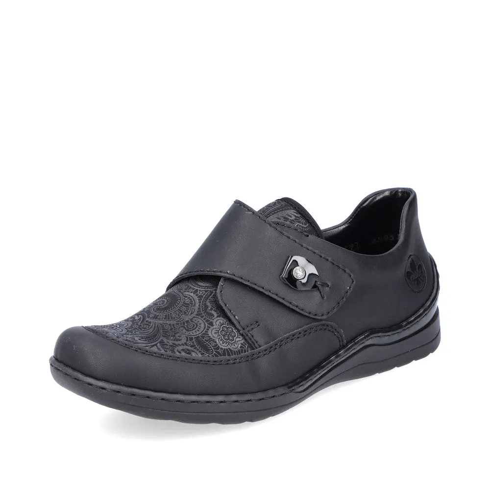 Ladies Rieker Wide fit Black Strap Over Stretchy Toe Box 48951-00