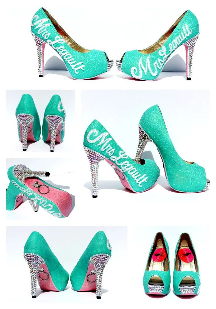 Mint & Pink Wedding Shoe with Silver Swarovski Crystals