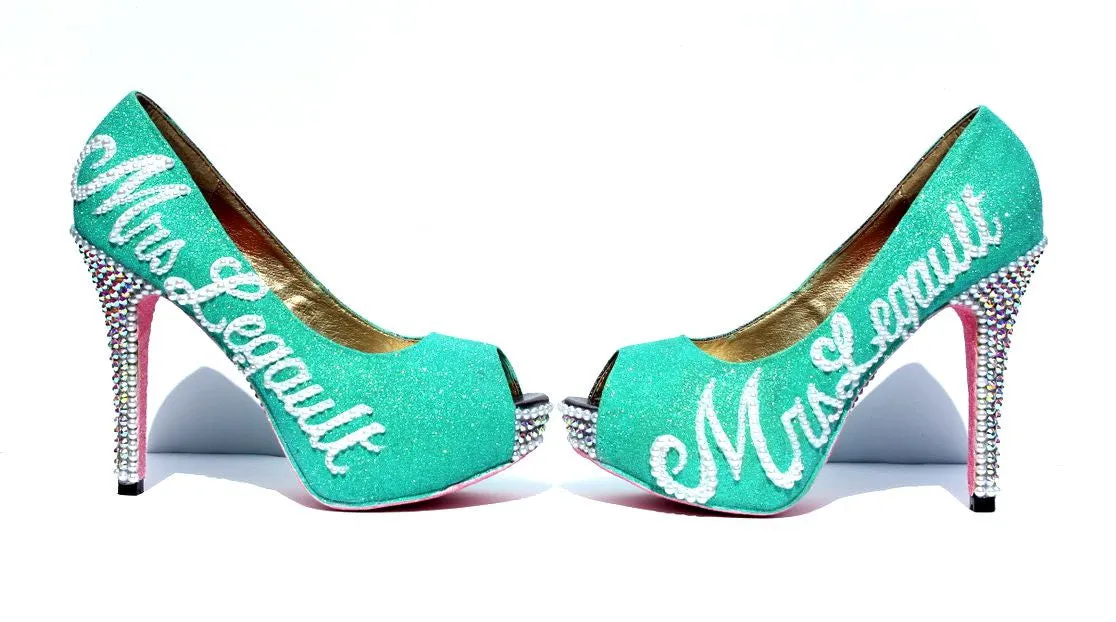 Mint & Pink Wedding Shoe with Silver Swarovski Crystals