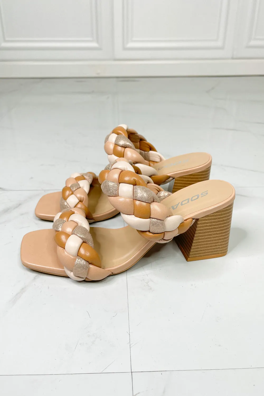 SODA Interwoven Ideas Braided Strap Block Heel Slide Sandal in Nude