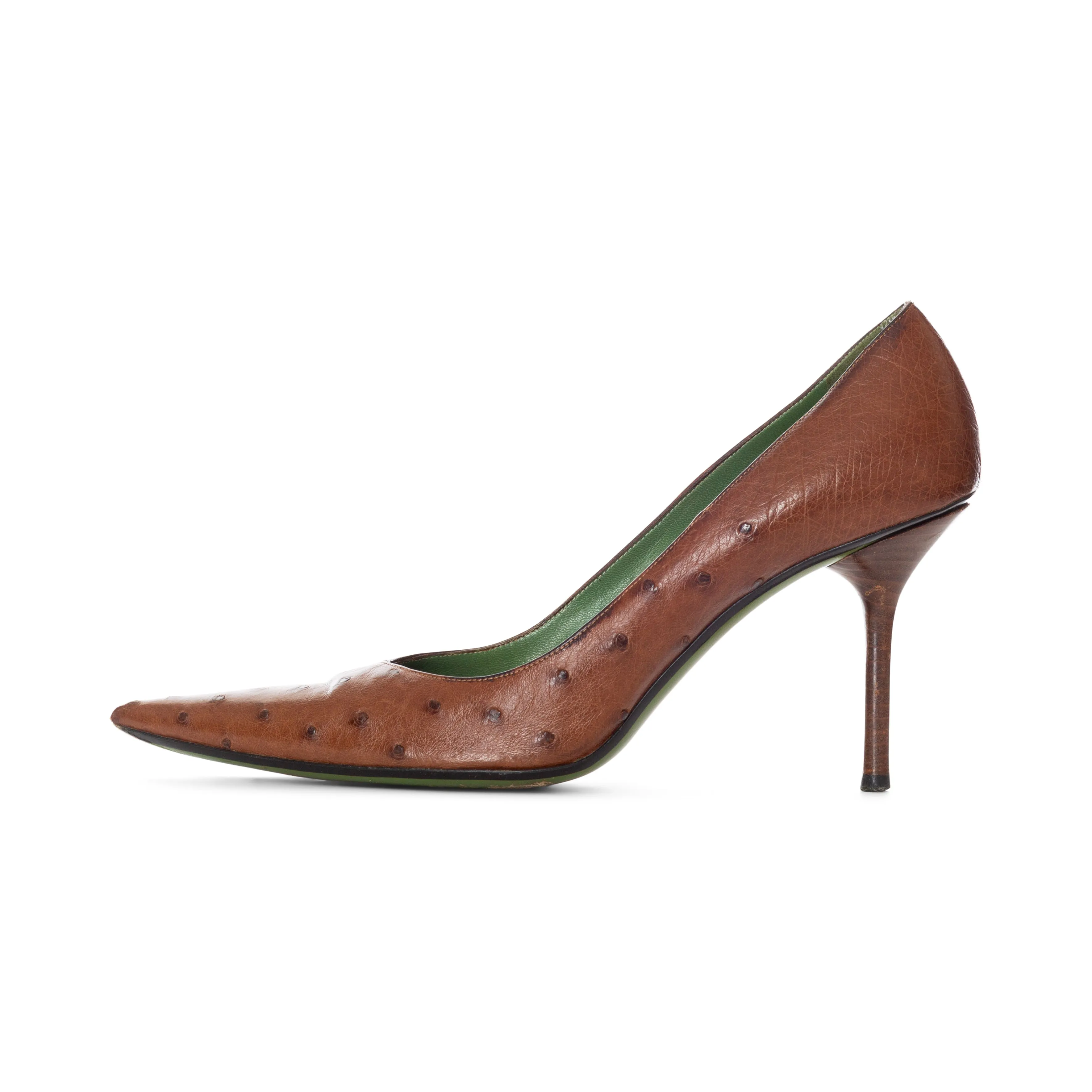 Vintage Brown Ostrich-Embossed Leather Pumps 9