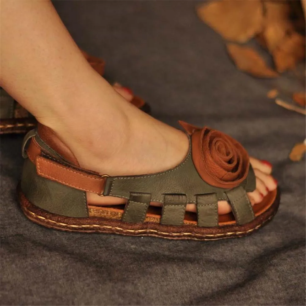 Women's Leather Hollow Sandals Flat with Handmade Flower