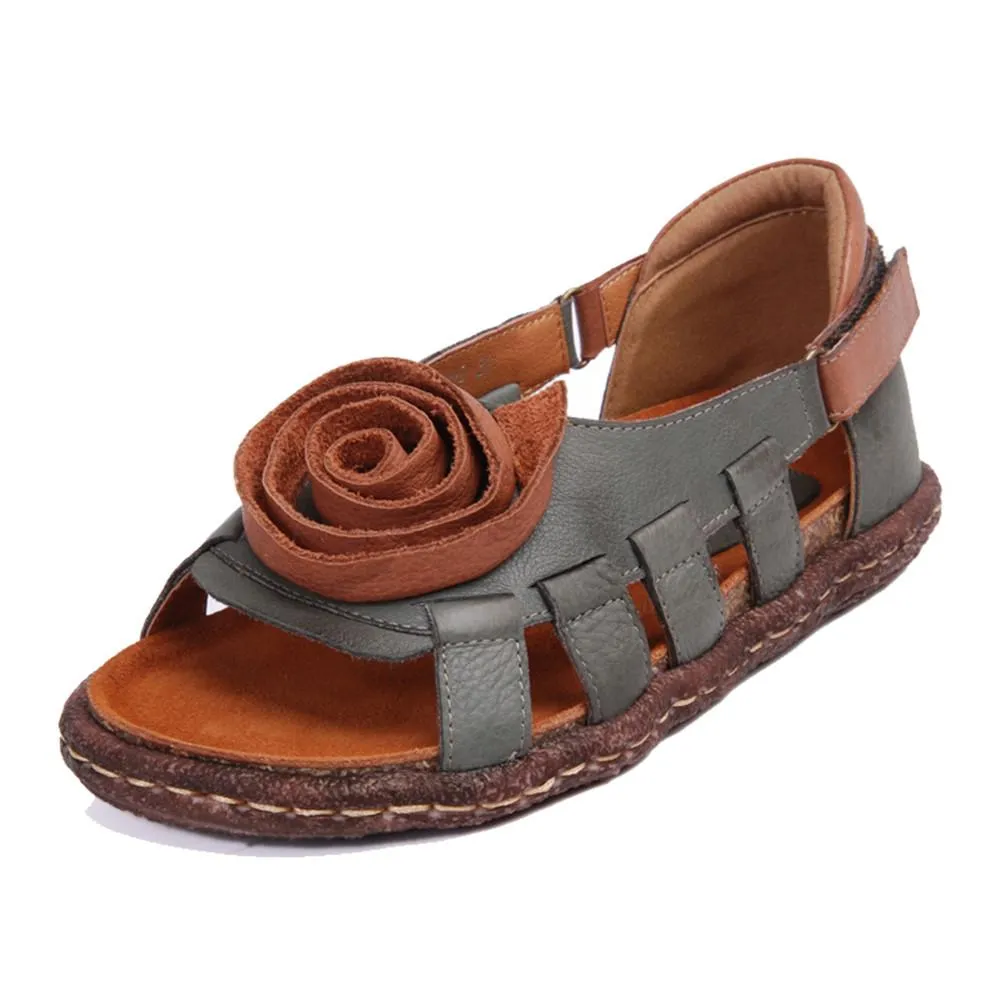 Women's Leather Hollow Sandals Flat with Handmade Flower