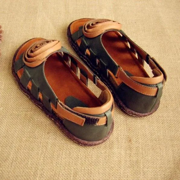 Women's Leather Hollow Sandals Flat with Handmade Flower